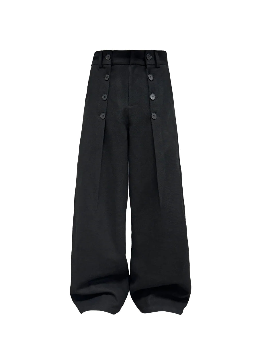 Pantalon ample en laine à plis ajustables et boutons