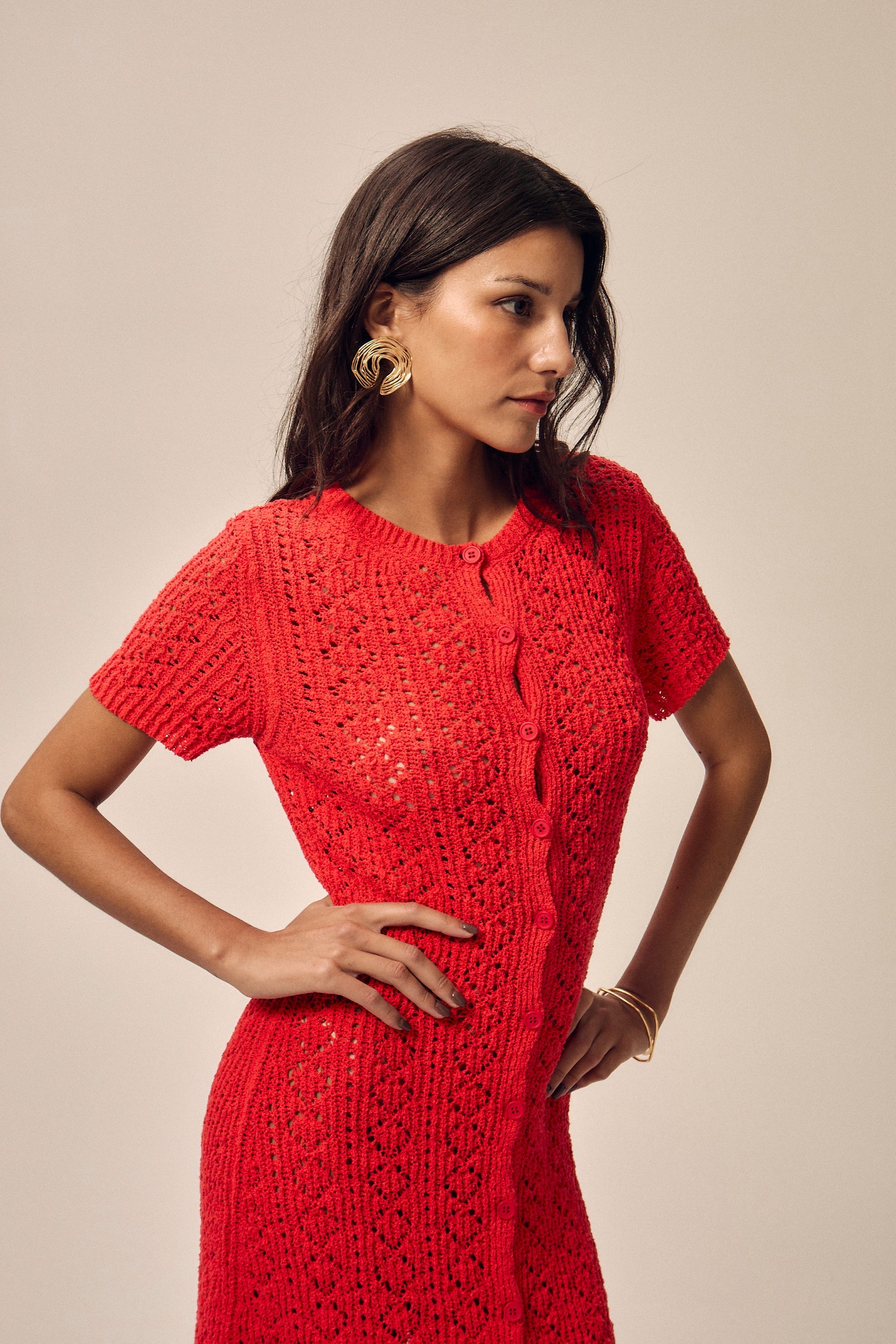 Robe Boutonnée En Maille Ajourée Pia